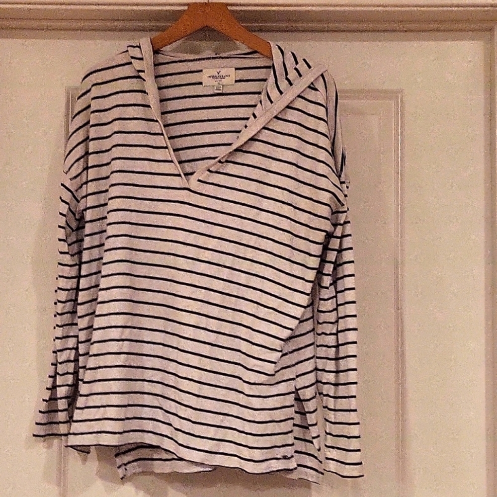 Stripped Grey and Navy V-Neck Hoodie. AMO- Large